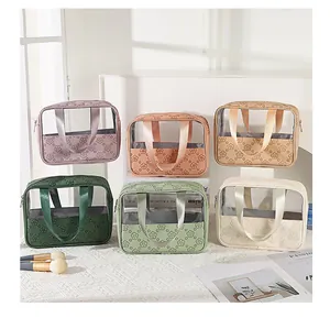 Detail showing various colors of large capacity transparent PVC cosmetic bags with flower prints