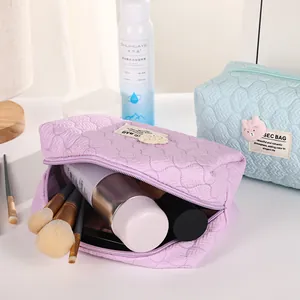 Quilted heart pattern cosmetic bags with cute bear patches in purple and blue