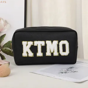 Large black PU leather makeup bag with KTMO embroidered letters for travel