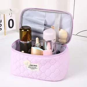 Lilac quilted bubble bear makeup bag with large capacity and inner brush slots