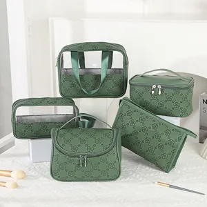 Vintage Floral Embossed PU Leather Makeup Bag Large Capacity Travel Toiletry Bag Portable Handheld Cosmetic Organizer For Women