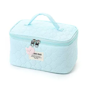 Quilted blue bear cosmetic bag with top handle and double zipper for travel storage