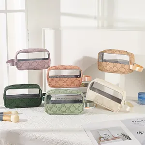 Large vintage PU leather makeup bags in six colors with transparent window and handles