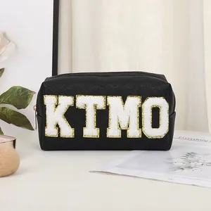 Grande borsa trucco in pelle PU nera con ricamo KTMO e decorazione in paillettes oro