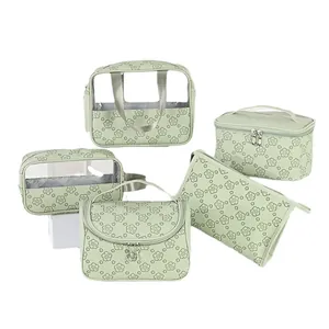 5-piece pale green cherry blossom embossed travel toiletry and cosmetic bag set