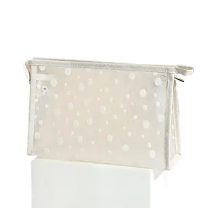 Trousse à maquillage en maille transparente à pois avec poignée pour voyage
