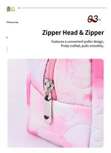Detail of pink and purple quilted makeup bag with smooth silver metal zipper puller