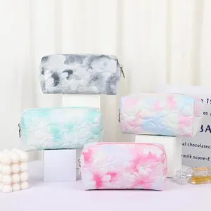 Quilted heart pattern makeup bag set in pastel tie-dye colors with silver zipper