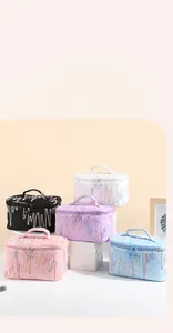 Close-up of colorful bubble textured makeup bags with rainbow wavy stitching and star zippers
