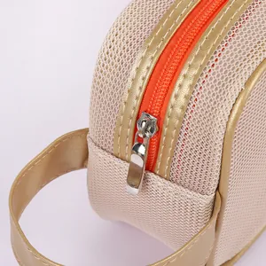 Bolsa de Aseo de Malla Portátil Gran Capacidad Organizador de Maquillaje de Malla Sandwich de Doble Capa Con Asa Parche de Oso Cremallera Bolsa de Lavado de Viaje Mujer