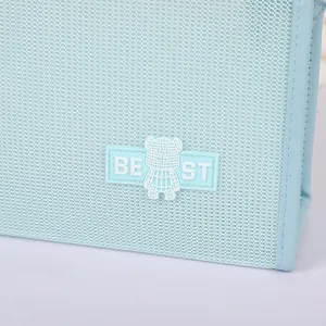Transparent light blue mesh makeup bag with cute silicone bear and leather trim