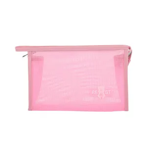 Pink semi-transparent mesh makeup bag with faux leather handle and zipper closure