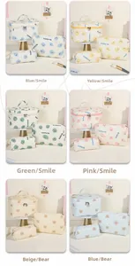 Vue détaillée de trousses de toilette matelassées avec motifs d'ours et smileys