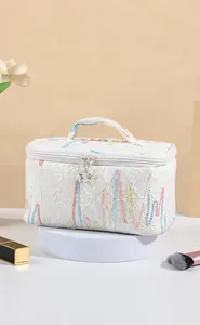 Detail of white travel toiletry bag with star zippers and wavy embroidery pattern