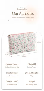 Bloemen gewatteerde make-up tas details met afmetingen 23x16x7cm van zachte pongee