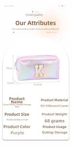Detailed view of purple holographic laser makeup bag with sequined letter K embroidery