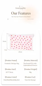 Detail view of heart pattern wash bag with 24x7x16cm dimensions and EVA fabric