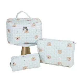 Lot de 3 trousses de maquillage matelassées bleu clair avec oursons mignons