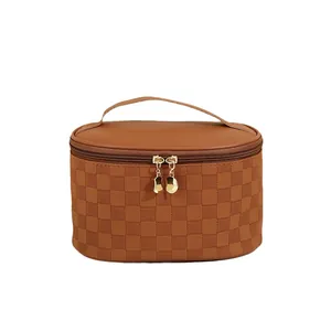 Grande trousse de maquillage en PU à carreaux marron avec poignée et double zip doré