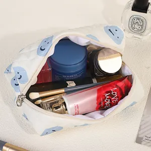 Quilted Cotton Makeup Bag Large Capacity Cartoon Bear Smiley Face Printed Cosmetic Organizer Travel Toiletry Wash Bag For Women