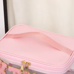 Rosa quadratische Kosmetiktasche mit transparentem PVC und Plüsch-Stickerei
