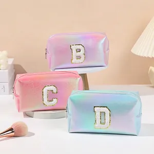 Holographic PU leather makeup bag set with glittery embroidered letters for travel