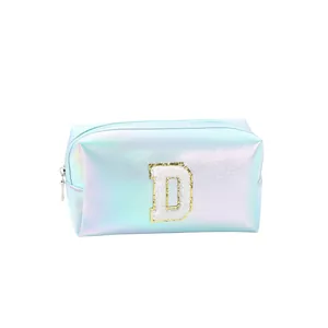 Iridescent laser PU cosmetic bag with letter D embroidery and gold sequin trim