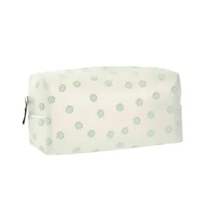 Floral translucent makeup bag with green daisy print and durable metal zipper closure
