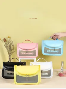 Detail view of thickened frosted semi-transparent travel wash bags in five candy colors