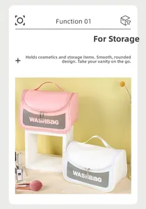 Detail of waterproof washbag featuring frosted window, top handle and dual zippers