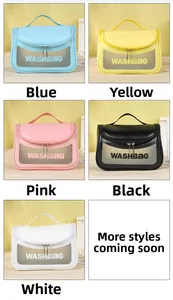 Detail view of five assorted candy-colored washbags with transparent windows and handles