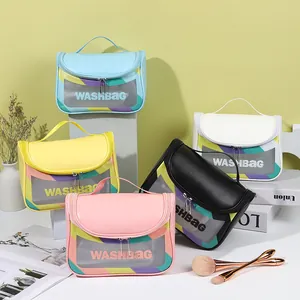 Portable large capacity macaron travel washbags in five colors with waterproof PVC window