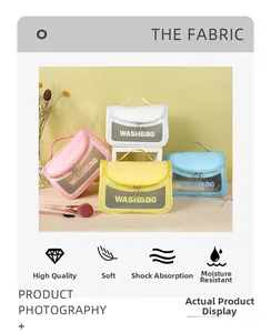 Close-up of waterproof candy-colored washbags with transparent PVC windows and top handles