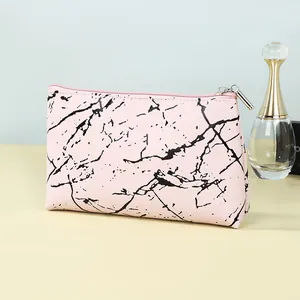 Trousse à Maquillage Portable en Cuir PU Motif Marbre pour Femme Imperméable Pochette de Rangement Maquillage Sac de Toilette Voyage Cadeau Minimaliste