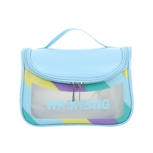 Large macaron blue waterproof wash bag with clear window and colorful stripes