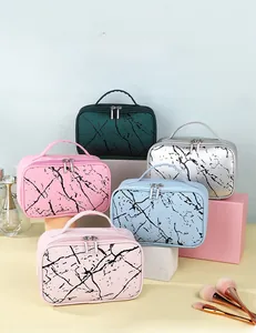 Macro shot of marble texture PU makeup bags with dual metal zippers and durable top handle
