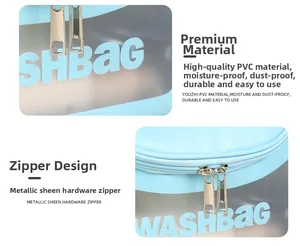 Detail of blue transparent wash bag showing premium PVC material and metal zipper closure