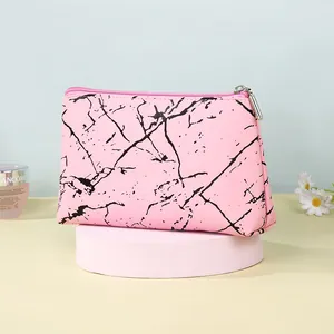 Trousse de maquillage rose motif marbre en PU imperméable avec fermeture éclair argent