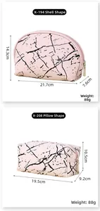 Detailed comparison of pink marble cosmetic bags in shell and pillow shape designs