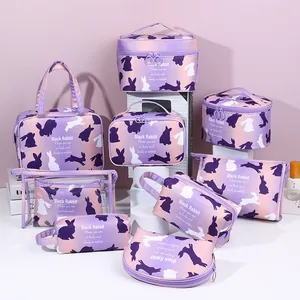 8-piece set of purple gradient rabbit pattern makeup bags with large storage capacity