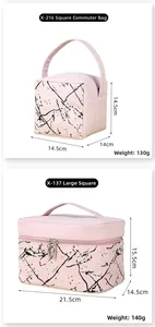Pink marble cosmetic bags in two sizes with precise dimensions and weight details