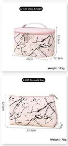 Detail of pink marble makeup bags in oval and flat shapes with top handles and zippers