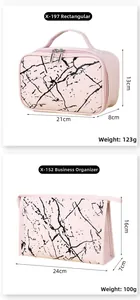 Detail of pink marble makeup bags in two sizes with dimensions and waterproof PU texture