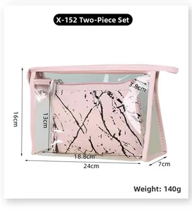 Detail view of pink marble 2-piece makeup bag set with dimensions and weight info