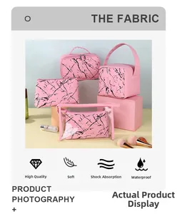 Pink marble makeup bag set with waterproof PU leather and metallic zipper details