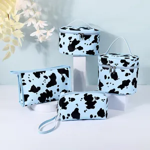 Blue Cow Print Cosmetic Bag Large Capacity Waterproof Synthetic Leather Portable Travel Toiletry Organizer Makeup Case For Women