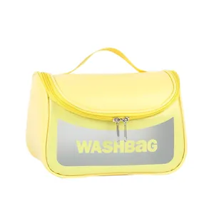 Portable yellow transparent makeup wash bag with top handle and WASHBAG logo