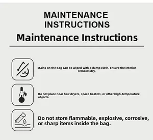 Care instructions guide for vanity bag showing cleaning tips and maintenance icons