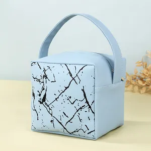 Minimalist Marble Pattern PU Leather Makeup Bag Large Capacity Portable Toiletry Organizer Handbag For Travel Women