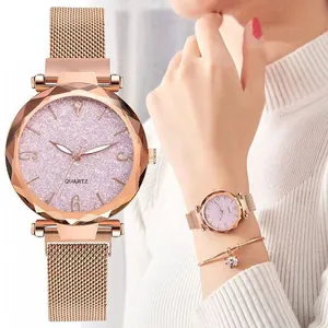 Women's rose gold starry sky quartz watch with magnetic strap and pink glitter dial